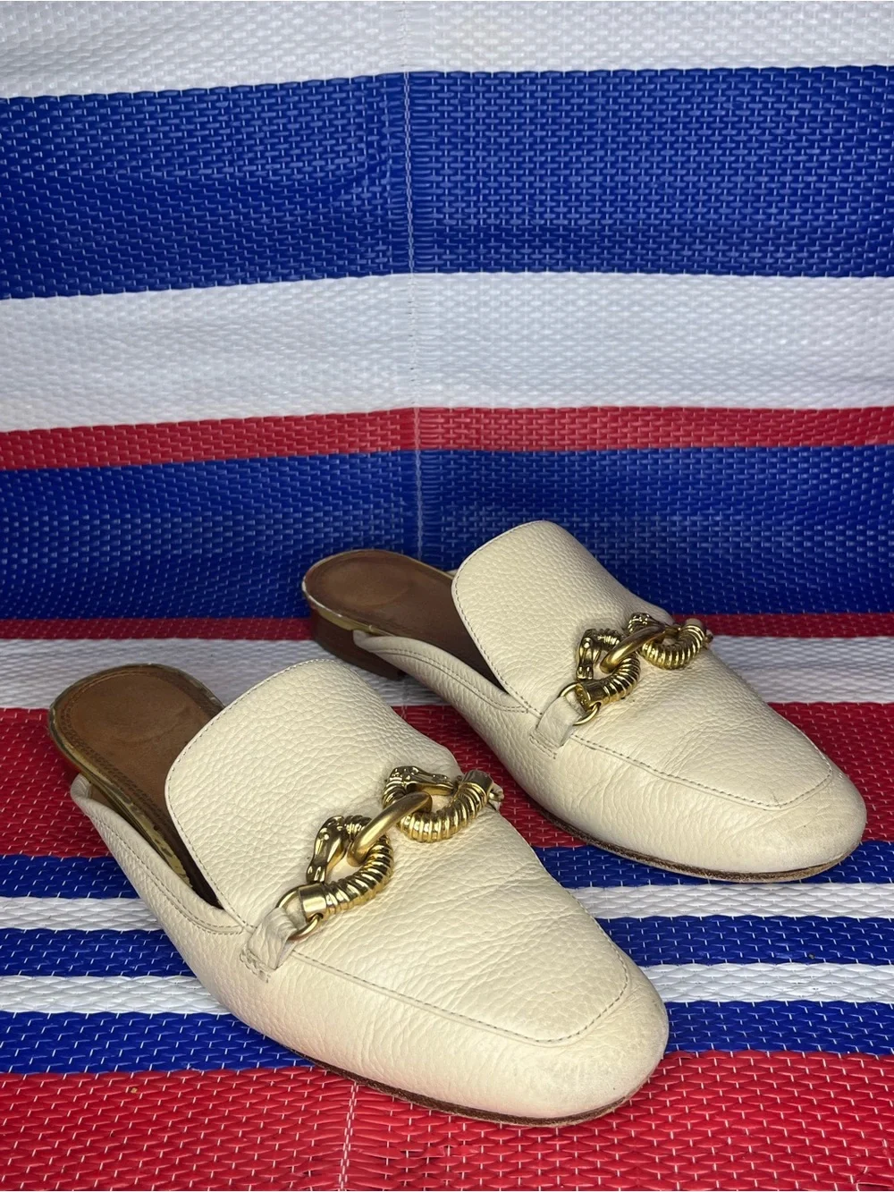 AUTHENTIC - Tory Burch Jessa Backless Loafers - Women’s Size 7 Shoes Cream Gold